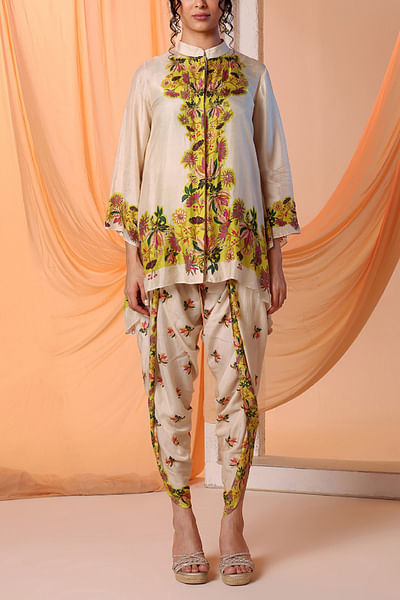 Beige embellished printed dhoti set