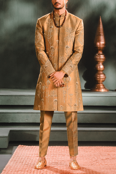 Beige embroidered sherwani set