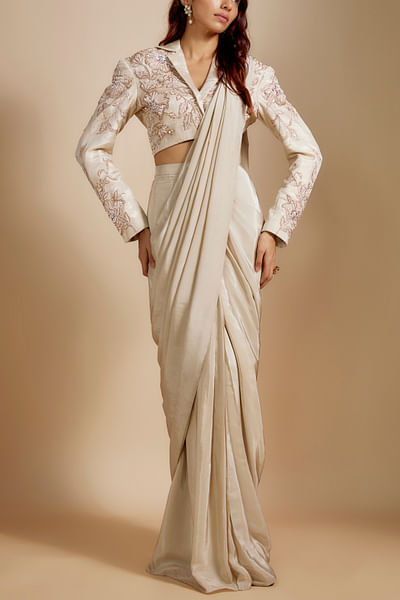 Beige embroidered short blazer sari set