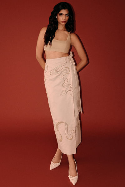 Beige embroidered wrap skirt