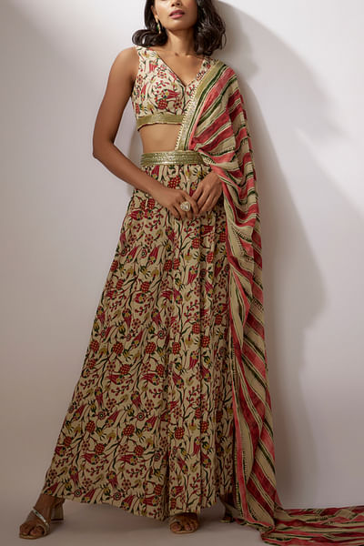 Beige floral and stripe print pant sari set
