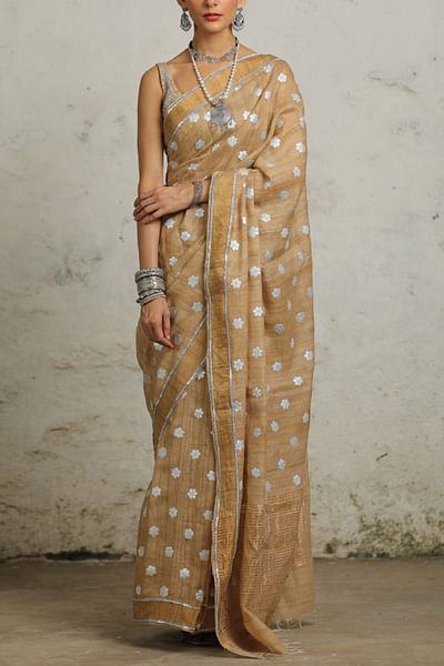 Beige floral appliqued sari set