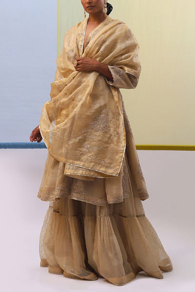 Beige floral embroidered anarkali and sharara set