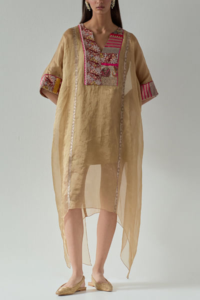 Beige floral embroidered and woven kaftan