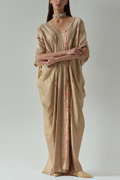 Beige floral embroidered and woven kaftan dress