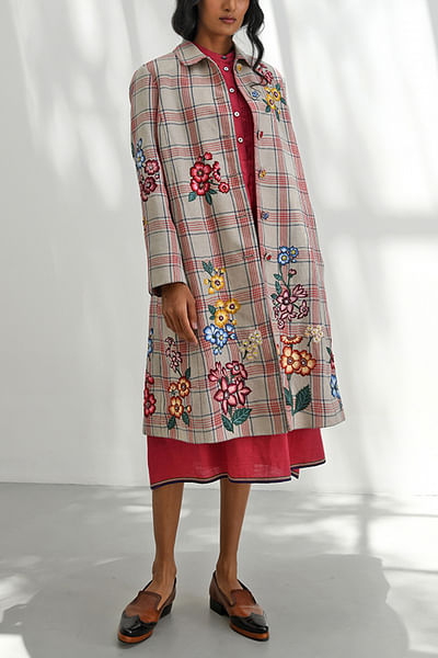 Beige floral embroidered checkered jacket