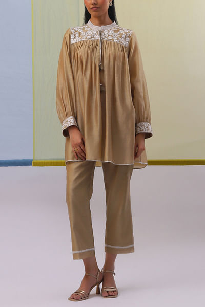 Beige floral embroidered co-ords