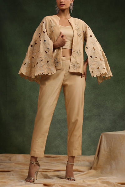 Beige floral embroidered cutwork jacket set