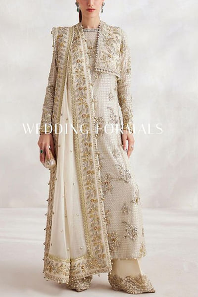Beige floral embroidered jacket and kurta set