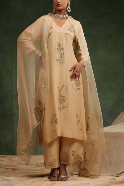 Beige floral embroidered kurta set