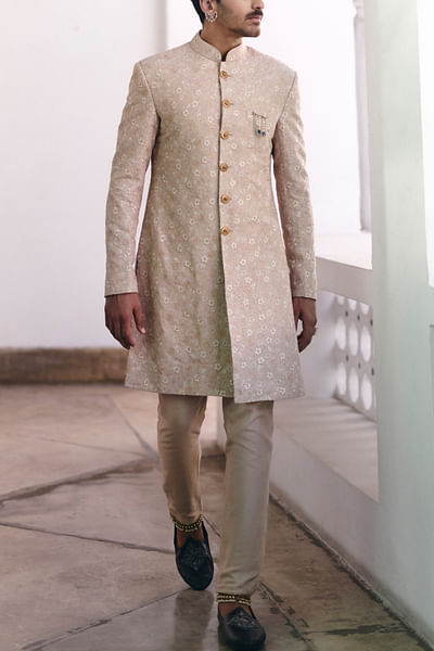 Beige floral embroidered sherwani set