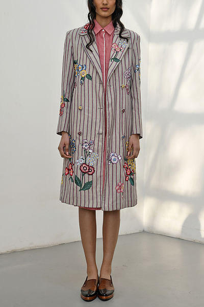 Beige floral embroidered striped jacket