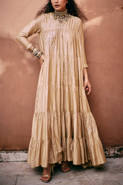 Beige floral embroidered tiered anarkali set