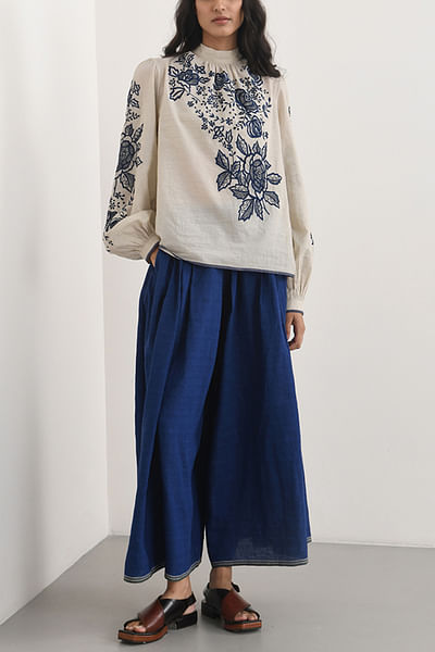 Beige floral embroidered top