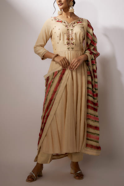 Beige floral embroidery anarkali set