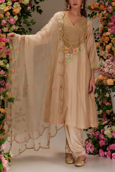 Beige floral embroidery long kalidar kurta set