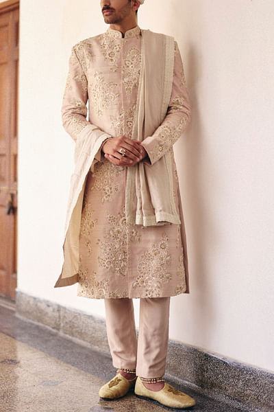 Beige floral embroidery sherwani set