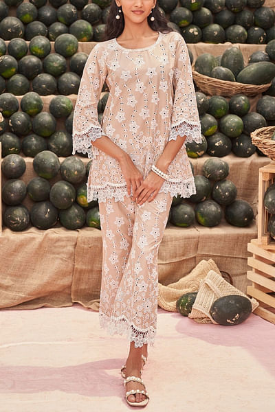 Beige floral eyelet embroidered co-ords
