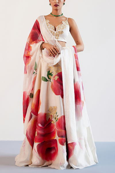 Beige floral hand painted lehenga set