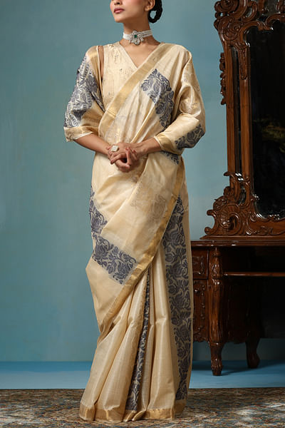 Beige floral handwoven sari set