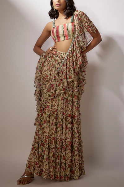 Beige floral print pre-draped ruffle sari set