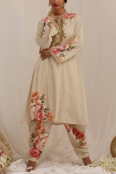 Beige floral printed A-line kurta set