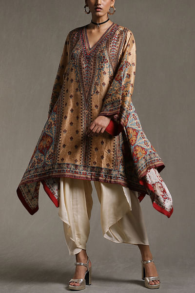 Beige floral printed asymmetrical kurti