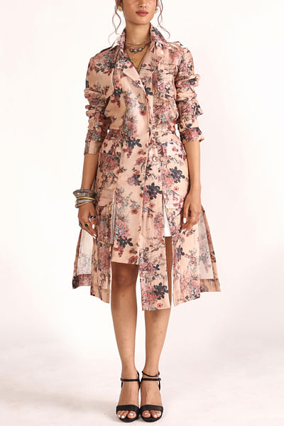 Beige floral printed asymmetrical trench coat