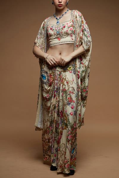 Beige floral printed cape and skirt set