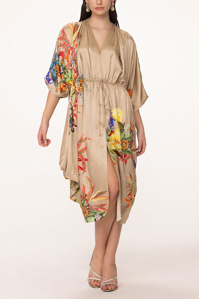 Beige floral printed draped robe dress
