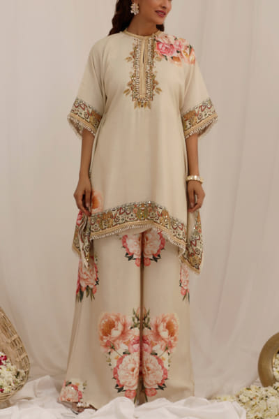 Beige floral printed kaftan set