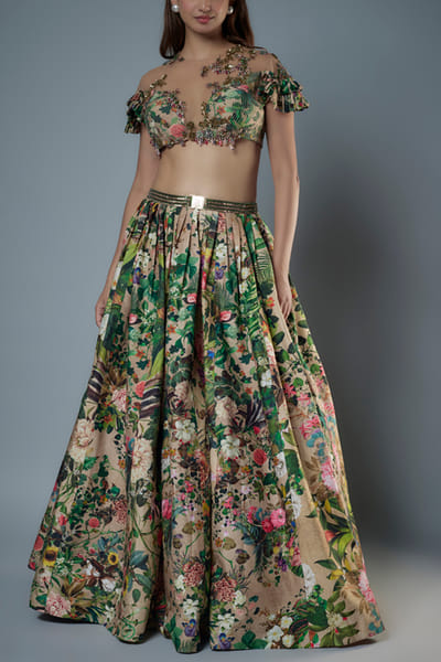 Beige floral printed lehenga set