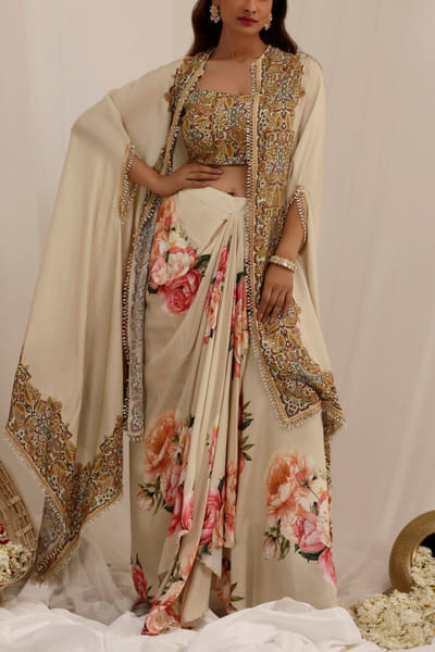 Beige floral printed skirt set