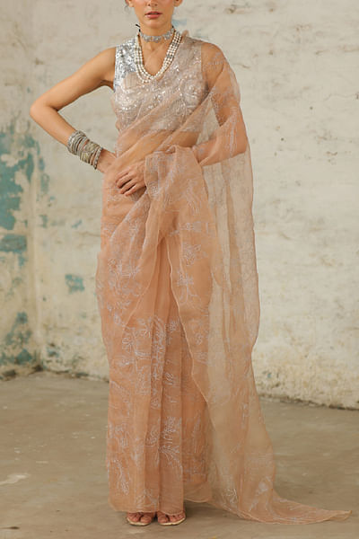 Beige floral zari embroidered sari set