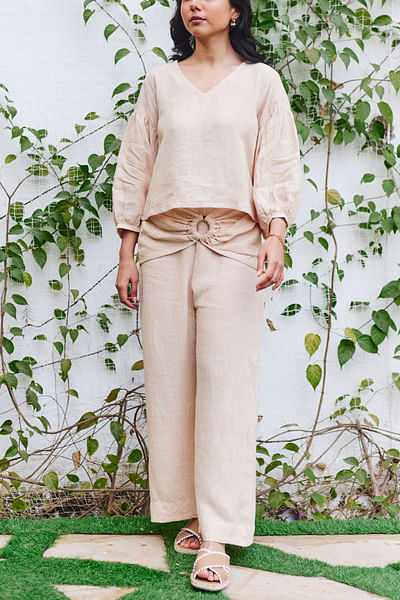 Beige gathered linen top