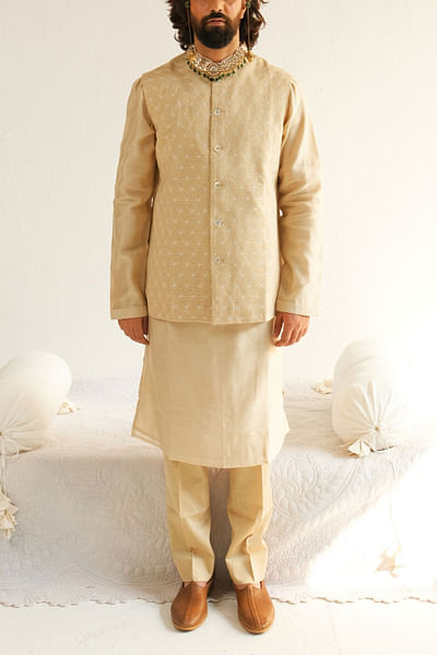 Beige geometric embroidered bandi kurta set