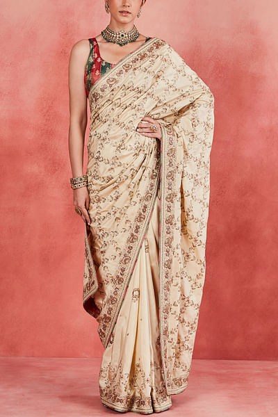 Beige geometric pitta embroidered sari set