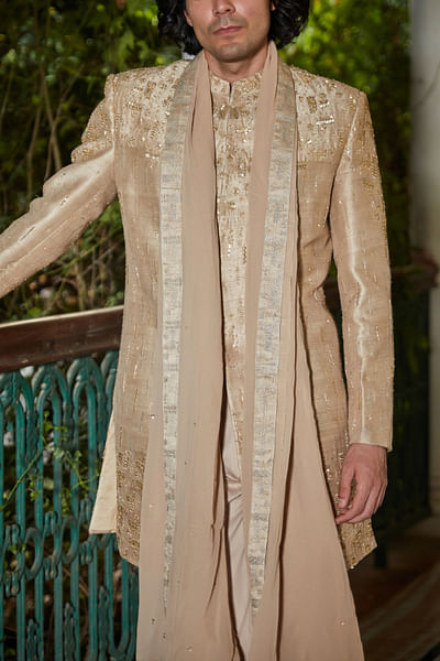Beige gold embroidered sherwani set