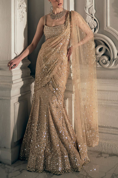 Beige gold sequin embellished drape sari set