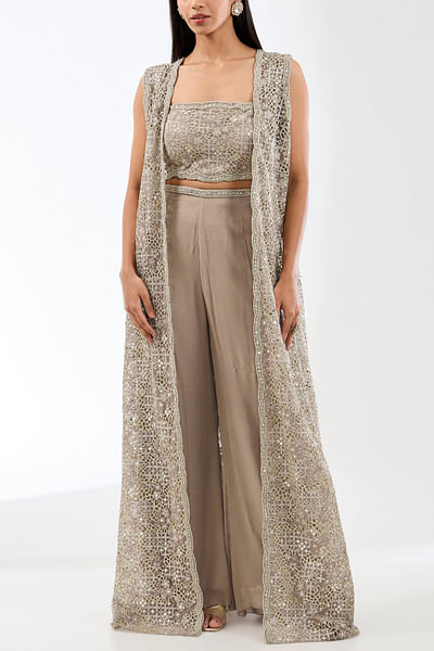 Beige gold sequin embroidered jacket set