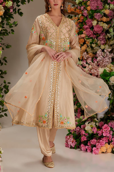 Beige gota and resham embroidery kurta set