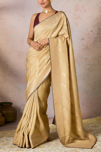 Beige jacquard woven sari set