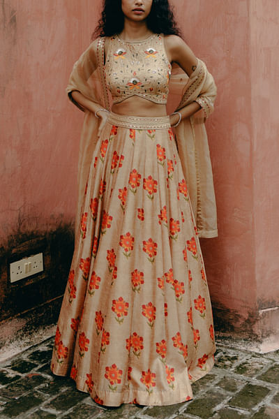 Beige kalamkari printed lehenga set
