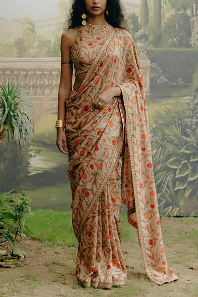 Beige kalamkari printed sari set