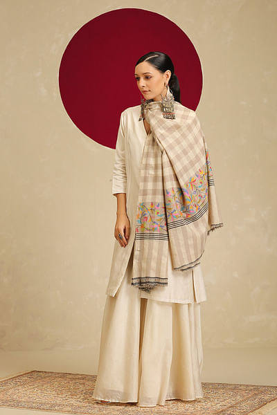 Beige kani weave checkered shawl