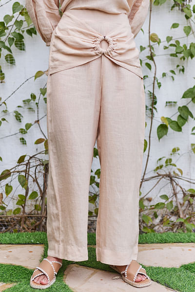 Beige linen wide leg pants