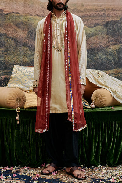Beige mirror and gota embroidered kurta set