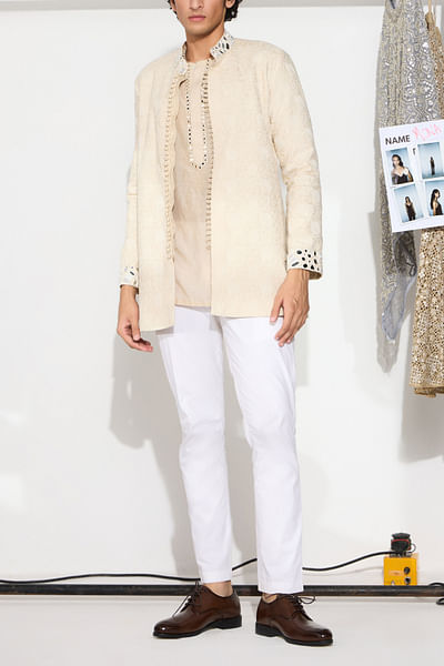 Beige mirror embellished kurta set