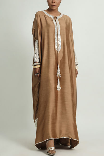 Beige mirror embroidered cuffed kaftan