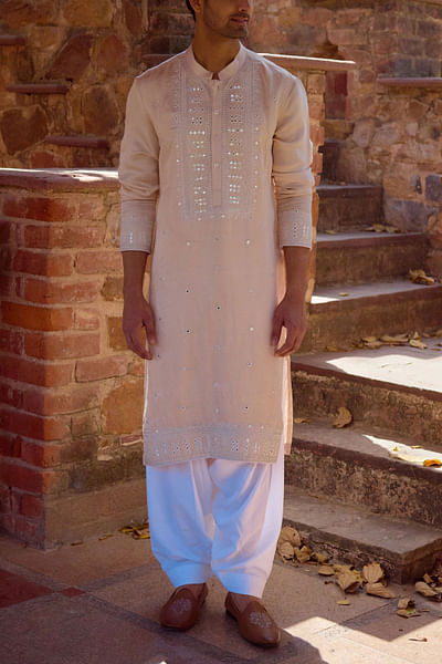 Beige mirror embroidered kurta set